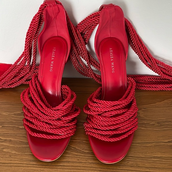 EUC AZALEA WANG Totally Knotted Up Rope Charlene Sandal Heels in Red - Picture 3 of 16